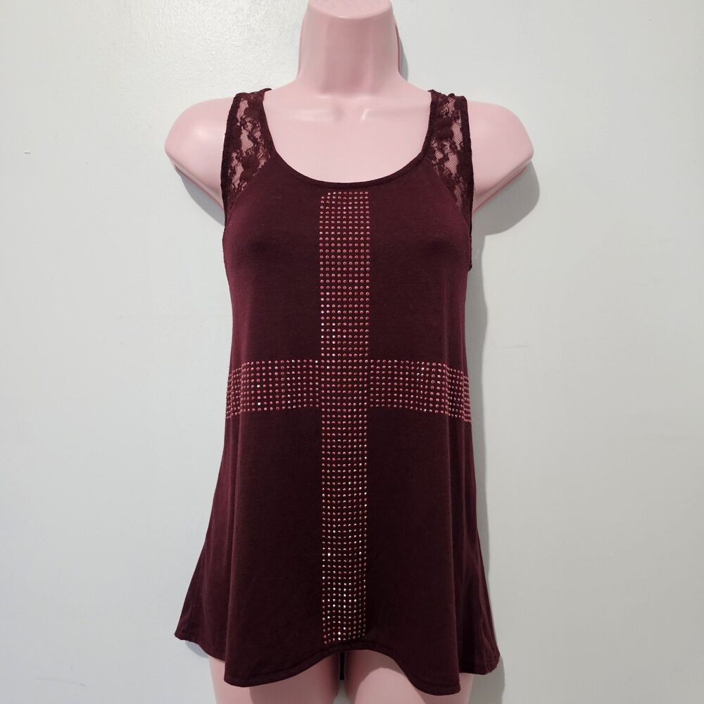 Vanity - Tank Top Lace Bedazzled Y2k  - Size M - Maroon